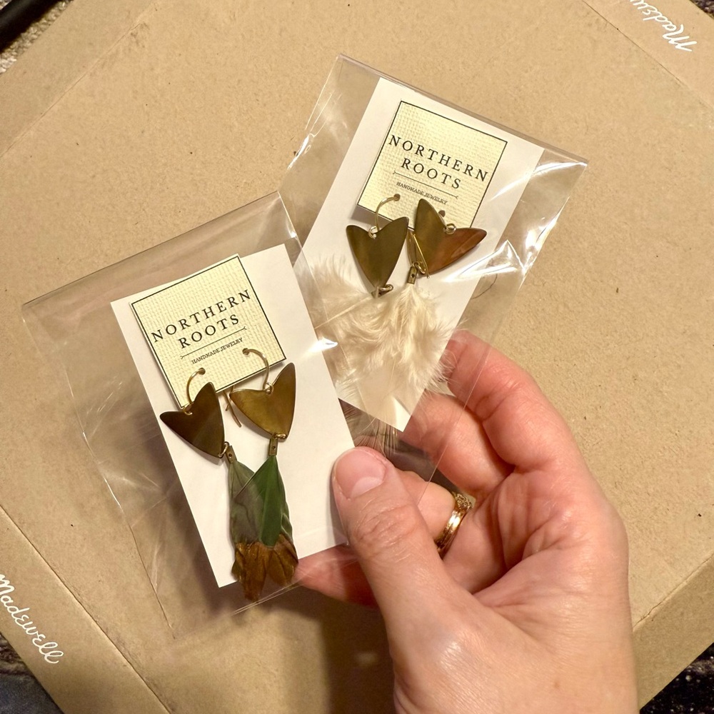 Handmade Gold/Green & Beige Feather Earrings/set of 2